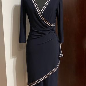 Accentuates curves navy-silver studded trim dress.